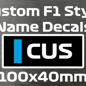 May include: Custom F1 style name decals in black with white lettering and a blue stripe. The decals are 100x40mm.