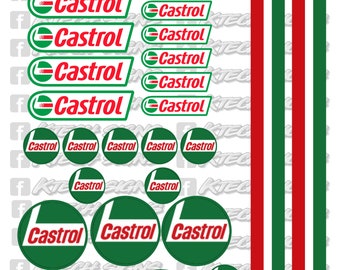 May include: A sheet of Castrol brand stickers featuring various logos and designs. The stickers are in green, red, and white. The sheet includes a large shield-shaped logo, several oval logos, and a few circular logos. The sheet also includes three vertical stripes in red, white, and green.