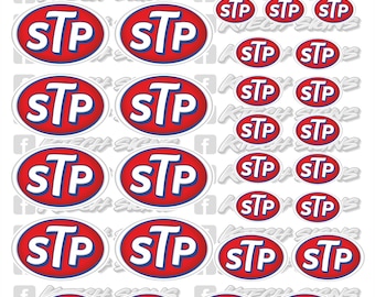 Peut inclure: Une feuille de 20 autocollants ovales rouges et blancs avec le texte "STP" en lettres blanches. Les autocollants sont disposés en rangées de quatre.