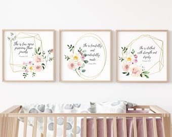 Baby Girl Nursery Prints Verse | Christian Baby Room | Scripture Baby Gift | Christian Digital Nursery Art Pink | Gold Frame Roses