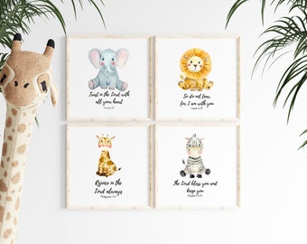 Noah’s Ark Nursery Prints (Set of 4) — Bible Verse Wall Art for Baby’s Room — Framed or Unframed