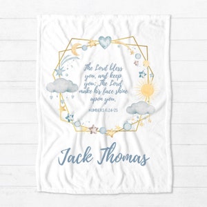 Personalized Bible Verse Minky Blanket - the Lord Bless You bible verse paired with an adorable celestial watercolor image