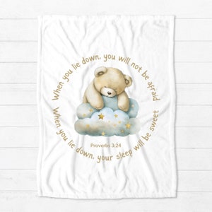 Personalized Bible Verse Minky Blanket - When you Lie Down scripture from Proverbs with adorable sleeping teddy bear watercorlor image