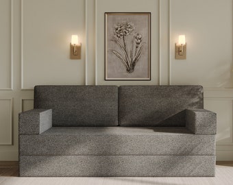 Sofá cama árabe transformable con suelo de espuma y fundas lavables.