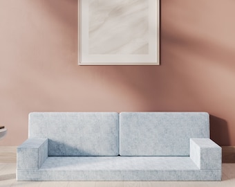 Moderne fluwelen vloerkussenbank, aanpasbare modulaire bank, handgemaakt