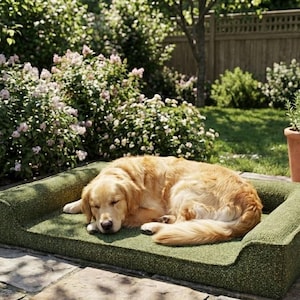 Puede incluir: Un perro golden retriever durmiendo plácidamente en una cama verde para perros. La cama tiene forma rectangular con respaldo y laterales elevados. El perro está tumbado en la cama en un entorno soleado al aire libre, rodeado de plantas y vegetación.