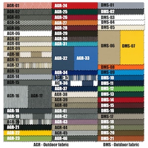May include: A colour chart of outdoor fabric swatches. The swatches are labelled with the names AGR-01 through AGR-46 and DMS-01 through DMS-21. The chart is divided into three columns, with the AGR swatches on the left, the DMS swatches on the right, and a blank column in the middle. The chart is labelled "AGR - Outdoor fabric" at the bottom left and "DMS - Outdoor fabric" at the bottom right.