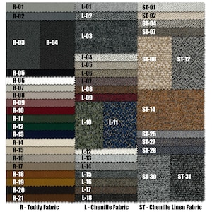 Peut inclure: Un nuancier de tissus pr&eacute;sentant des &eacute;chantillons de tissus Teddy, Chenille et Chenille Lin. Le nuancier affiche une vari&eacute;t&eacute; de couleurs et de textures, avec des &eacute;tiquettes telles que R-01, L-01 et ST-01. La palette de couleurs comprend des nuances de gris, de marron et de vert.