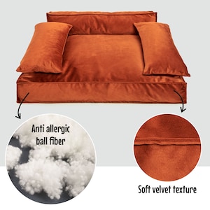 Peut inclure: Un grand lit pour chien rectangulaire de couleur orange br&ucirc;l&eacute; en velours avec deux oreillers. Le lit est rempli de fibres de balle anti-allergiques. Le texte "Anti allergic ball fiber" est &eacute;crit sur un cercle blanc dans le coin inf&eacute;rieur gauche de l'image. Le texte "Soft velvet texture" est &eacute;crit sur un cercle blanc dans le coin inf&eacute;rieur droit de l'image.