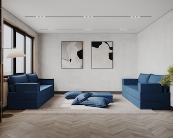 L-Shaped Modular Floor Sofa, Arabic Majlis Couch, Converts to Bed