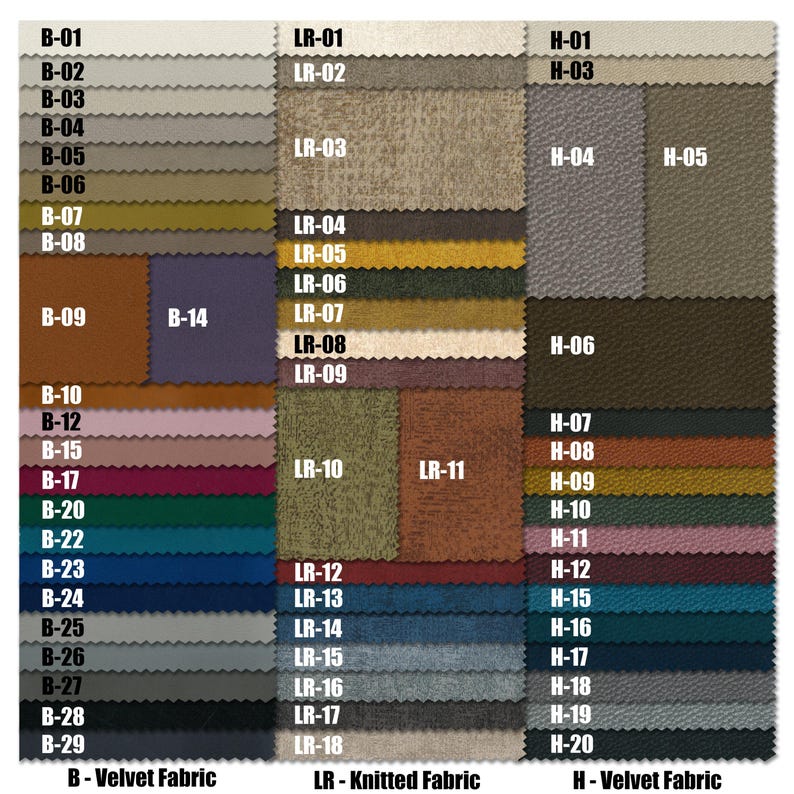Peut inclure: Un nuancier de tissus d'ameublement. Le nuancier est divis&eacute; en trois sections intitul&eacute;es "B - Tissu Velours", "LR - Tissu Tricot&eacute;" et "H - Tissu Velours". Chaque section contient une vari&eacute;t&eacute; de couleurs et de textures.