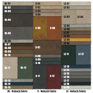 Peut inclure: Une carte de nuanciers pr&eacute;sentant 19 &eacute;chantillons de tissus diff&eacute;rents. Les &eacute;chantillons sont dispos&eacute;s en trois colonnes &eacute;tiquet&eacute;es BL, S et LZ. Chaque colonne pr&eacute;sente un type de tissu diff&eacute;rent, les &eacute;tiquettes indiquant le type de tissu. Les &eacute;chantillons de tissus sont de diff&eacute;rentes couleurs et textures.
