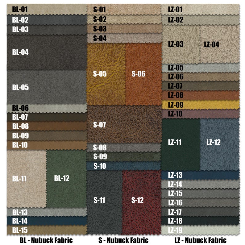 Peut inclure: Une carte de nuanciers pr&eacute;sentant 19 &eacute;chantillons de tissus diff&eacute;rents. Les &eacute;chantillons sont dispos&eacute;s en trois colonnes &eacute;tiquet&eacute;es BL, S et LZ. Chaque colonne pr&eacute;sente un type de tissu diff&eacute;rent, les &eacute;tiquettes indiquant le type de tissu. Les &eacute;chantillons de tissus sont de diff&eacute;rentes couleurs et textures.
