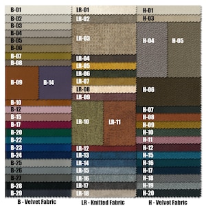 May include: A color chart of fabric swatches for upholstery. The chart is divided into three sections labeled "B - Velvet Fabric", "LR - Knitted Fabric", and "H - Velvet Fabric". Each section contains a variety of colors and textures.