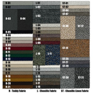 May include: A fabric swatch card with a variety of colors and textures. The card is divided into three sections: Teddy Fabric, Chenille Fabric, and Chenille Linen Fabric. Each section has a number of swatches, each with a different color and texture.