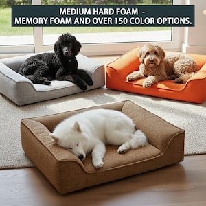 May include: Three dog beds in different colors: gray, orange, and brown. Each bed has a rectangular shape with a raised edge. A black poodle, a brown dog, and a white dog are resting on the beds. The text on top says "MEDIUM HARD FOAM - MEMORY FOAM AND OVER 150 COLOR OPTIONS."