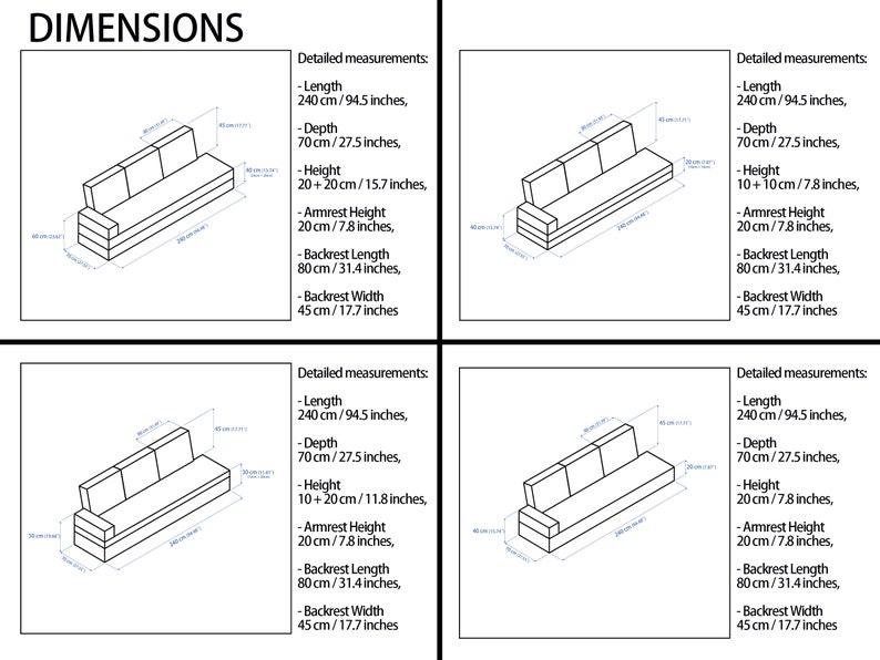 May include: A line drawing of a sofa with dimensions listed in centimetres and inches. The sofa is 240 cm long, 70 cm deep, and 40 cm high. The armrest height is 20 cm, the backrest length is 80 cm, and the backrest width is 45 cm.