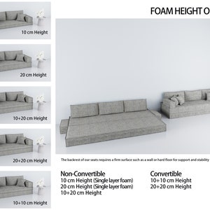May include: A diagram showing different foam height options for a convertible sofa bed. The options include 10 cm, 20 cm, and 10+20 cm heights. The text "FOAM HEIGHT OPTIONS" is at the top of the image.