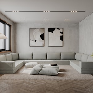 U Shaped Modern Living Room Velvet Floor Seating Sofa Couch, Velvet Floor Sofa Couch, Floor Pillow Seating, Custom Made Sofas