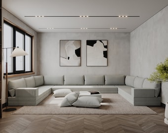 U Shaped Velvet Floor Sofa, Modern Living Room Seating, Custom Made