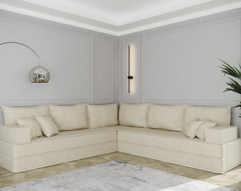 Amplio sofá de suelo en forma de L, diseño de majlis árabe, convertible en cama, más de 100 colores, todos los tamaños