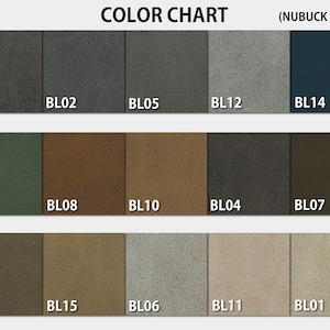 May include: Color chart of nubuck fabric samples. The chart displays a variety of colors, including shades of gray, green, brown, and blue. Each color swatch is labeled with a code, such as BL03, BL02, and BL05.