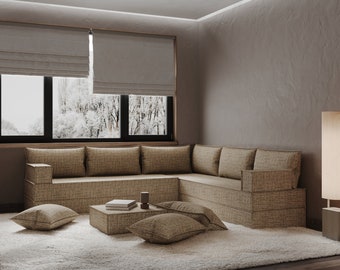 Spacious L-Shaped Floor Sofa, Arabic Majlis Design, Converts to Bed, High-Density Foam, Over 100 Color Choices, All Sizes