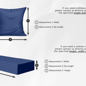 May include: A navy blue pillow and cushion cover are displayed with measurement labels. The text reads: "If you need a pillowcase, please contact us directly and specify the specified length and width." and "If you need a cushion cover, please contact us directly and specify the specified length, width and height."