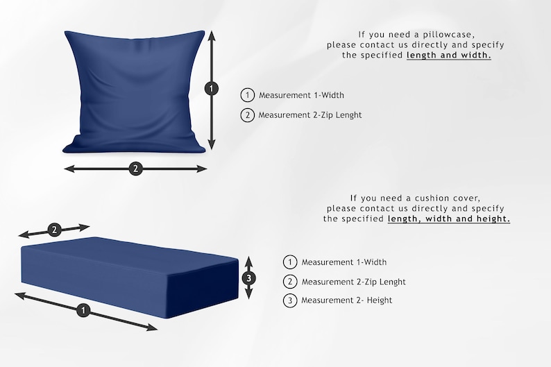 May include: A navy blue pillow and cushion cover are displayed with measurement labels. The text reads: "If you need a pillowcase, please contact us directly and specify the specified length and width." and "If you need a cushion cover, please contact us directly and specify the specified length, width and height."