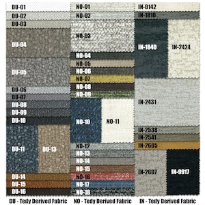 Peut inclure: Un nuancier de tissus avec diff&eacute;rentes couleurs et textures. Le nuancier est &eacute;tiquet&eacute; avec les num&eacute;ros 01 &agrave; 18 et les lettres DU, NO et IN. Le nuancier est divis&eacute; en trois sections, chacune avec une &eacute;tiquette diff&eacute;rente : DU - Tissu d&eacute;riv&eacute; Tedy, NO - Tissu d&eacute;riv&eacute; Tedy et IN - Tissu d&eacute;riv&eacute; Tedy.