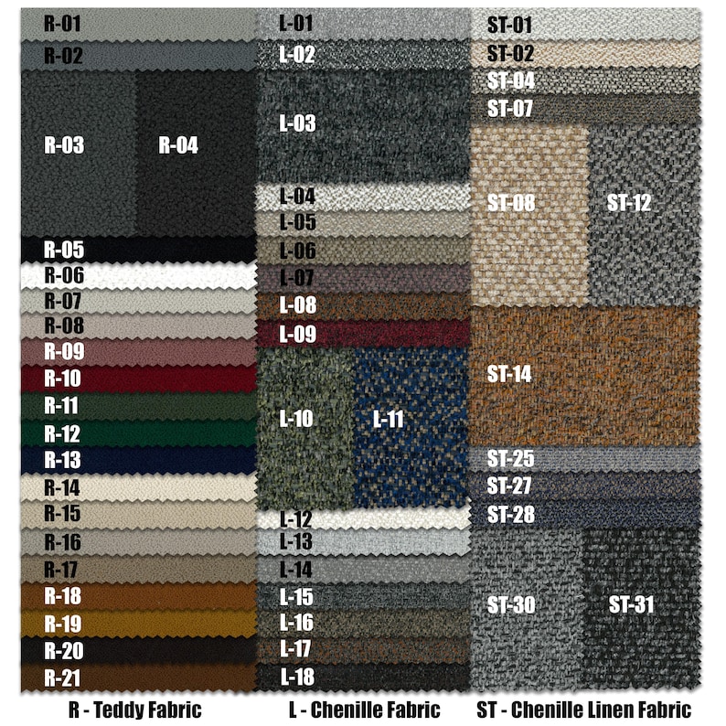 Peut inclure: Un nuancier de tissus avec 21 couleurs diff&eacute;rentes de tissu teddy, 18 couleurs de tissu chenille et 12 couleurs de tissu chenille lin. Le nuancier est &eacute;tiquet&eacute; avec le type de tissu et le code couleur.