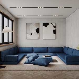 U Shaped Modern Living Room Linen Floor Seating Sofa Couch, Velvet Floor Sofa Couch, Living Room Sofa Set, Custom Made Sofas