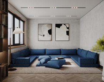 U Shaped Linen Floor Sofa Couch, Modern Living Room Seating