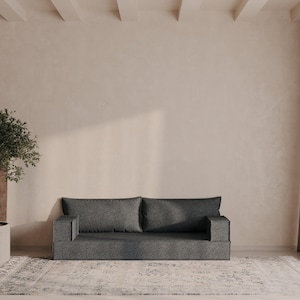 May include: A gray fabric sofa with two cushions sits in a minimalist living room with a beige wall, a potted plant, and a rug on the floor.