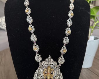 Designer Fusion  Long Bohemian Necklace Statement  Oxidized  Fusion Dual tone Silver like set with Lakshmiji pendant