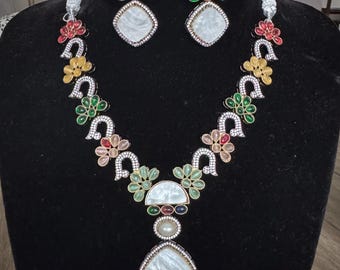 Beautiful multi color Necklace set Victorian AD Kundan Monalisa Beads with Lakshmiji pendant