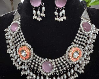 Designer Statement Fusion  Bohemian Necklace   Oxidized  silver look alike with Minakari Kundan and Monalisa Stones