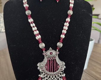 Designer Fusion  Long Bohemian Necklace Statement  Oxidized  Fusion Silver like set