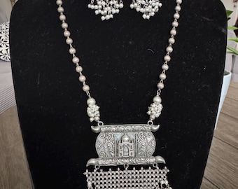 Designer Fusion  Long Bohemian Necklace Statement  Oxidized  silver look alike