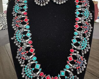 Designer Fusion SLA Long Bohemian Necklace Statement Kundan Oxidized Fusion Silver like set with turquoise and coral stones