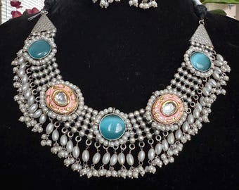 Designer Statement Fusion  Bohemian Necklace   Oxidized  silver look alike with Minakari Kundan and Monalisa Stones