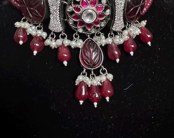 Designer Statement  Choker Necklace  Oxidized  silver look alike with Ad stones Kundan and Carved Monalisa stone semiprecious Ruby beads