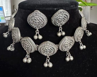 Simple and Elegant Choker Necklace  Oxidized  silver look alike