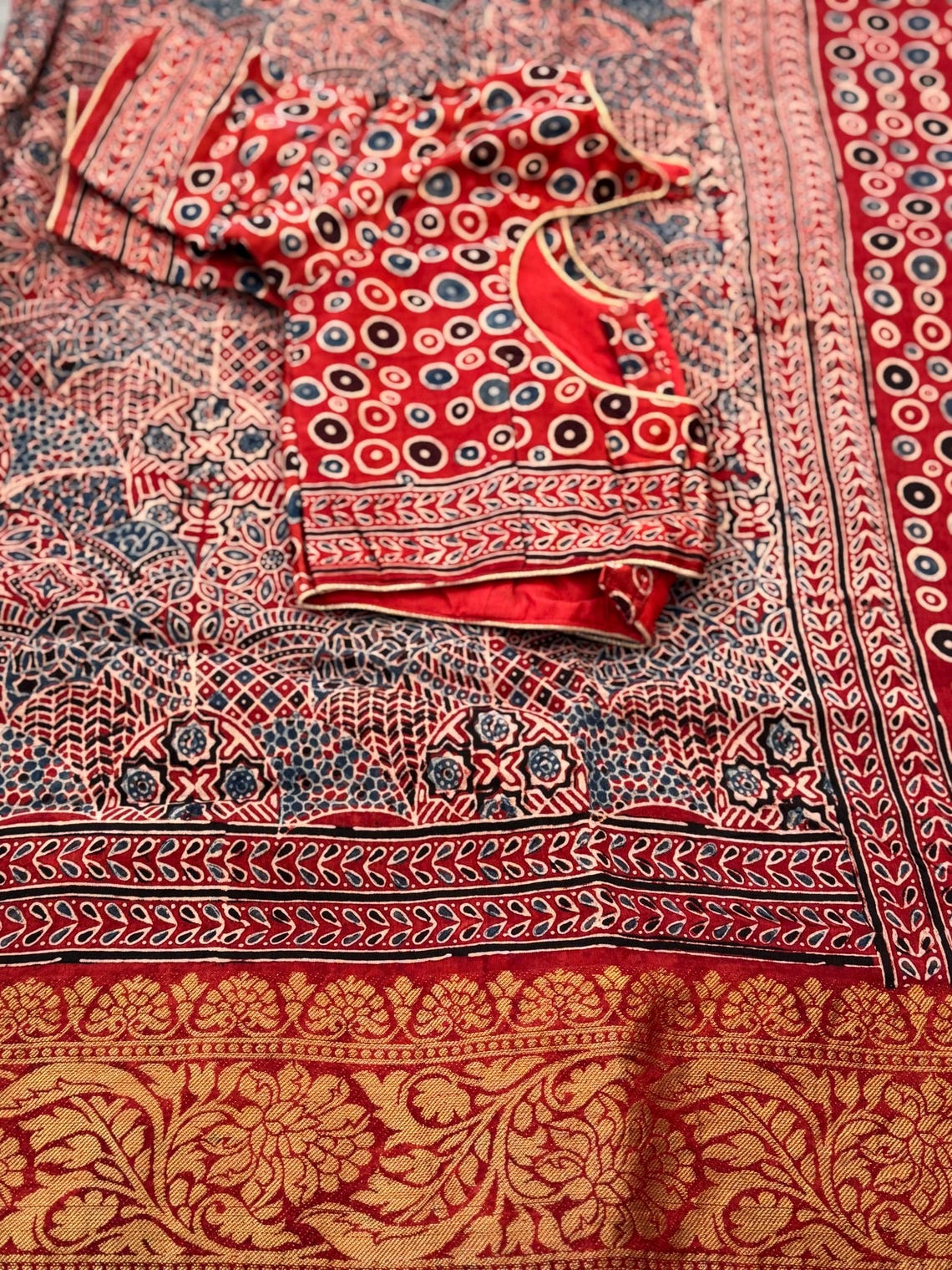 Red - Block Print Natural Dyed Dola Silk Jacquard Buti Ajrakh Fabric 10