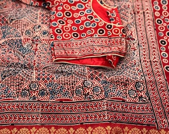 Red dola silk Ajarakh print saree