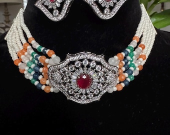 Elegant Choker Necklace set with semiprecious Ad stones with ruby stone in the center multicolored beads and pearls