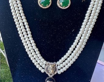 Sabyasachi inspired pearl necklace with emerald center stone
