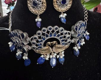 Designer Statement  Choker Necklace  Oxidized  silver look alike with Ad stones Kundan and Carved Monalisa stone semiprecious Ruby beads