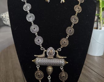 Designer Fusion  Long Bohemian Necklace Statement  Oxidized  Fusion Dual tone Silver like set