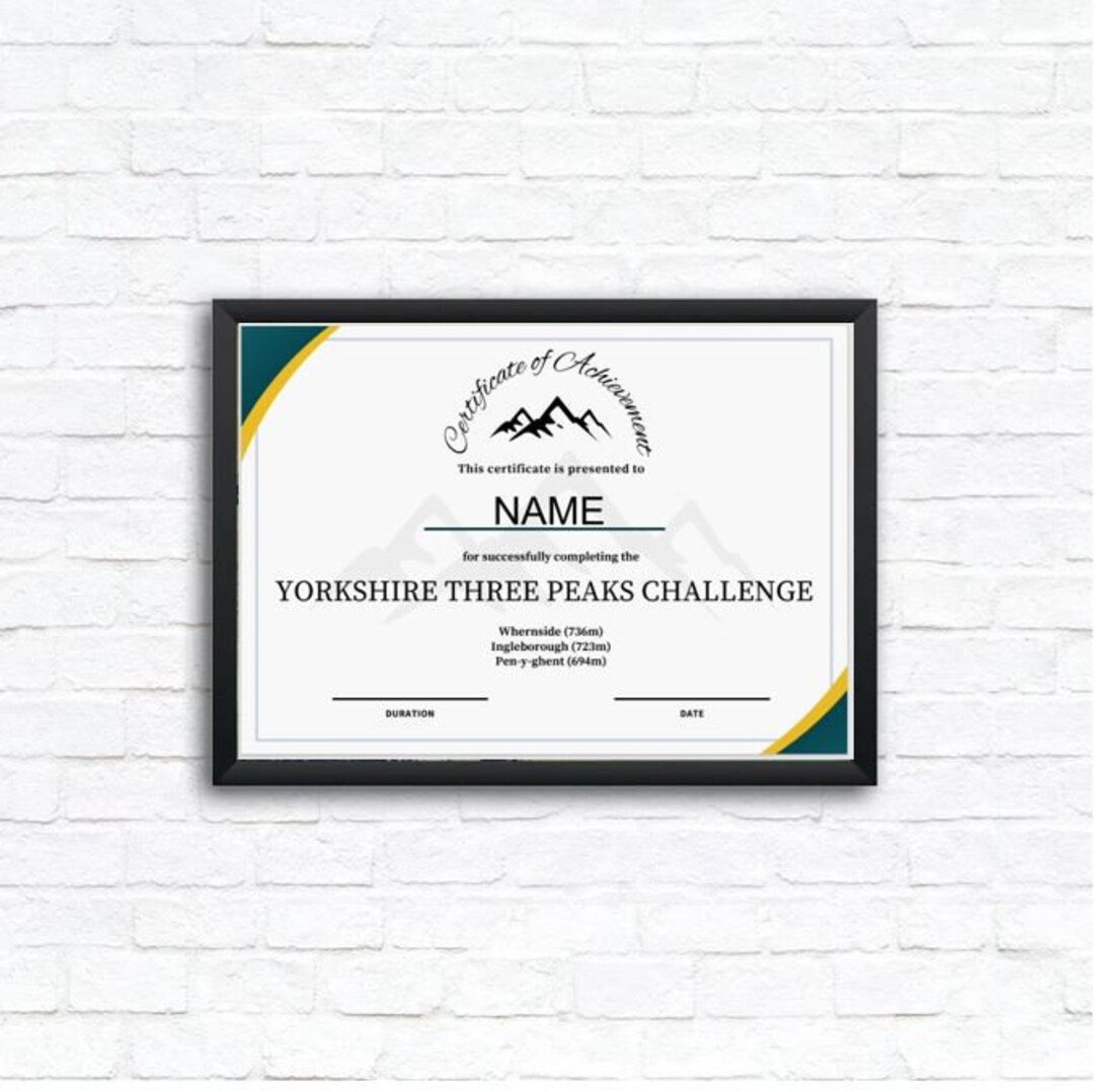 Yorkshire Three Peaks Challenge Certificate Digital Download Instant